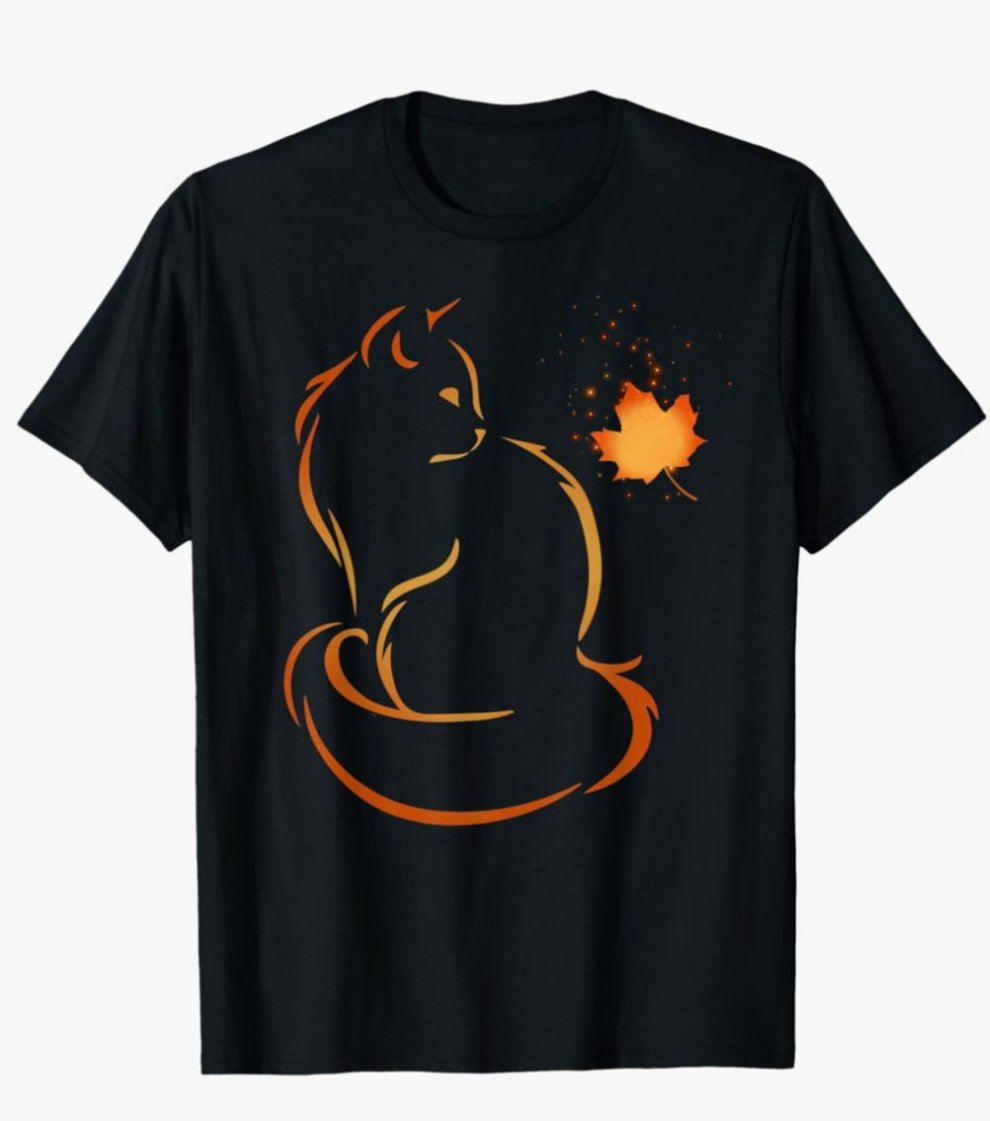camiseta gato hoja otoño dorado